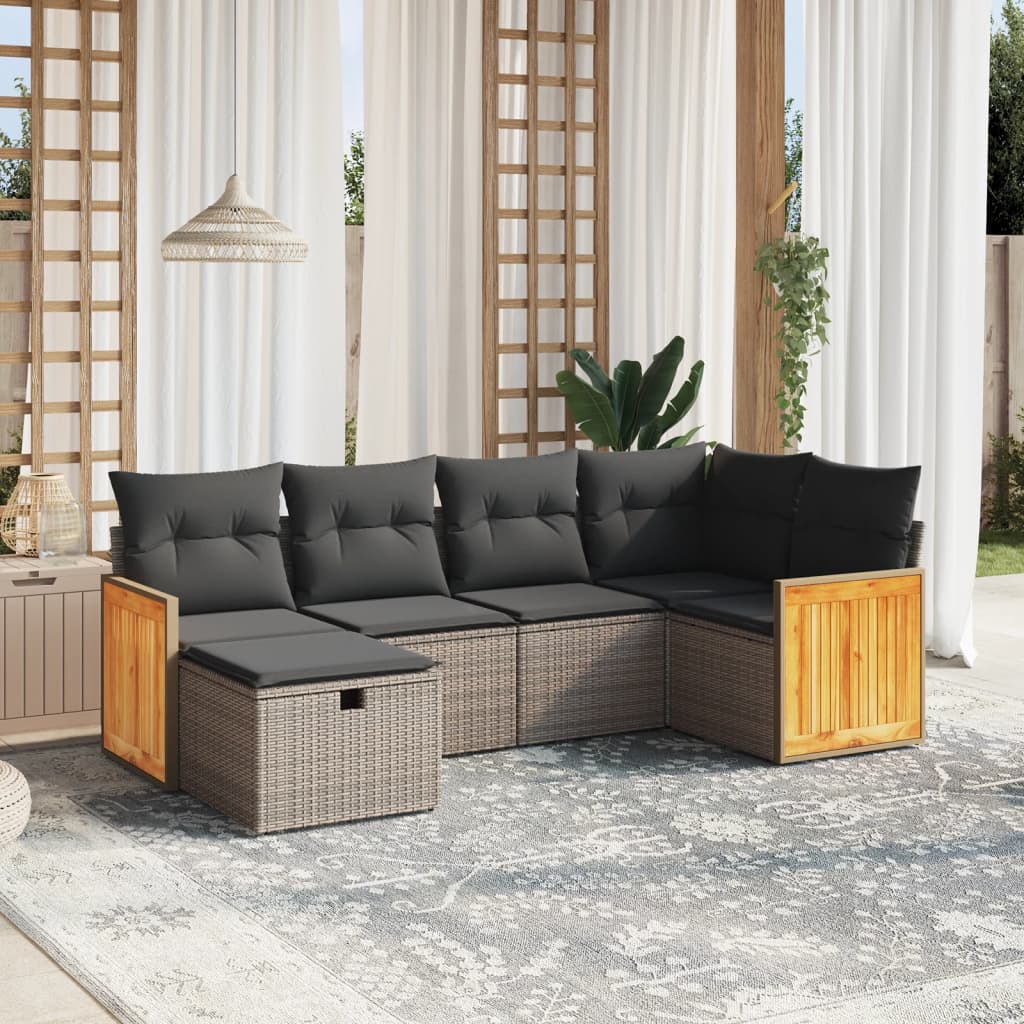 6-tlg. Garten-Sofagarnitur mit Kissen Grau Poly Rattan 6-tlg. Garten-Sofagarnitur mit Kissen Grau Poly Rattan