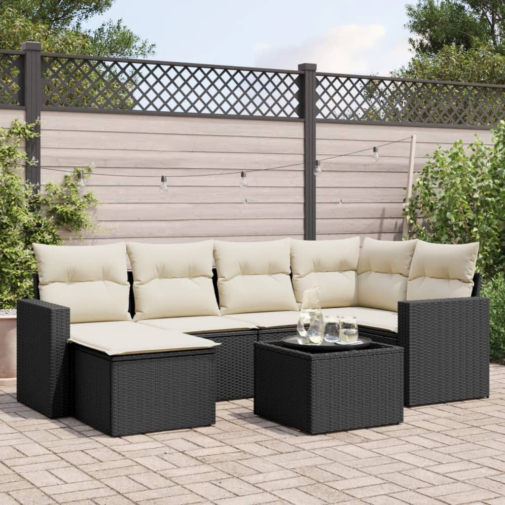 7-tlg. Garten-Sofagarnitur mit Kissen Schwarz Poly Rattan 7-tlg. Garten-Sofagarnitur mit Kissen Schwarz Poly Rattan