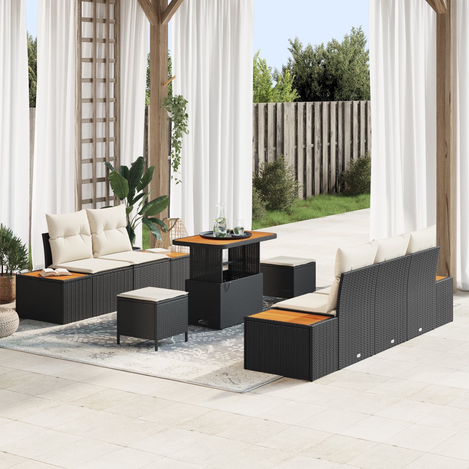8-teiliges Garten Sofa Set mit Kissen Schwarz Poly Rattan Akazie 8-teiliges Garten Sofa Set mit Kissen Schwarz Poly Rattan Akazie