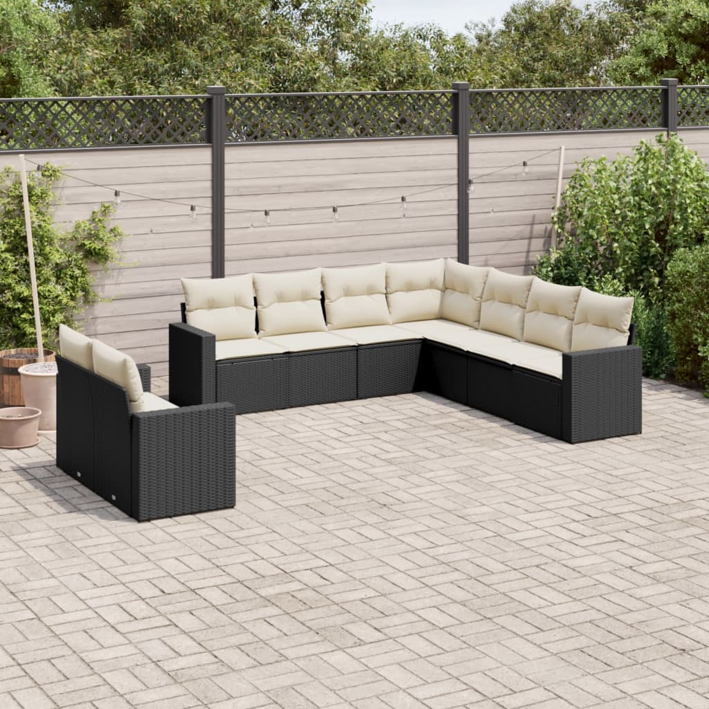 9-tlg. Garten-Sofagarnitur mit Kissen Schwarz Poly Rattan 9-tlg. Garten-Sofagarnitur mit Kissen Schwarz Poly Rattan