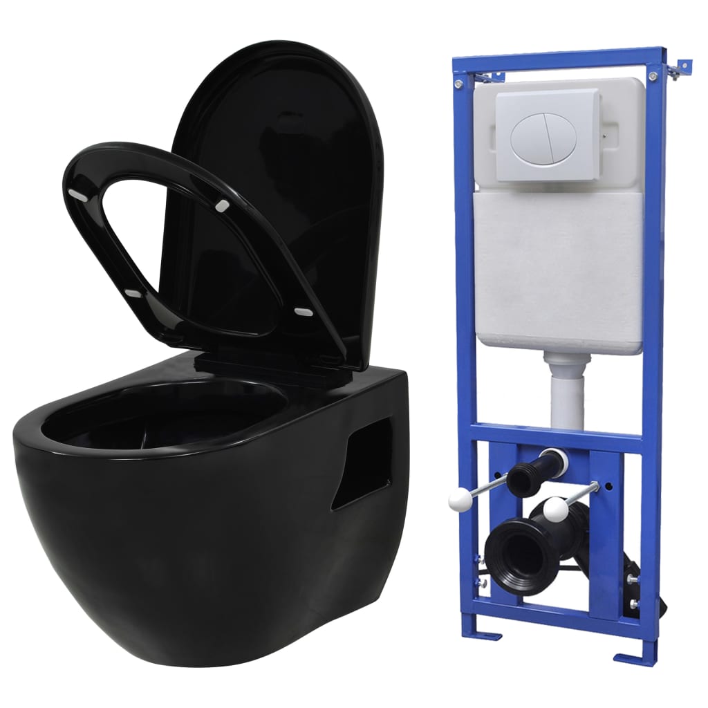 Hänge-Toilette mit Einbau-Spülkasten Keramik Schwarz Hänge-Toilette mit Einbau-Spülkasten Keramik Schwarz