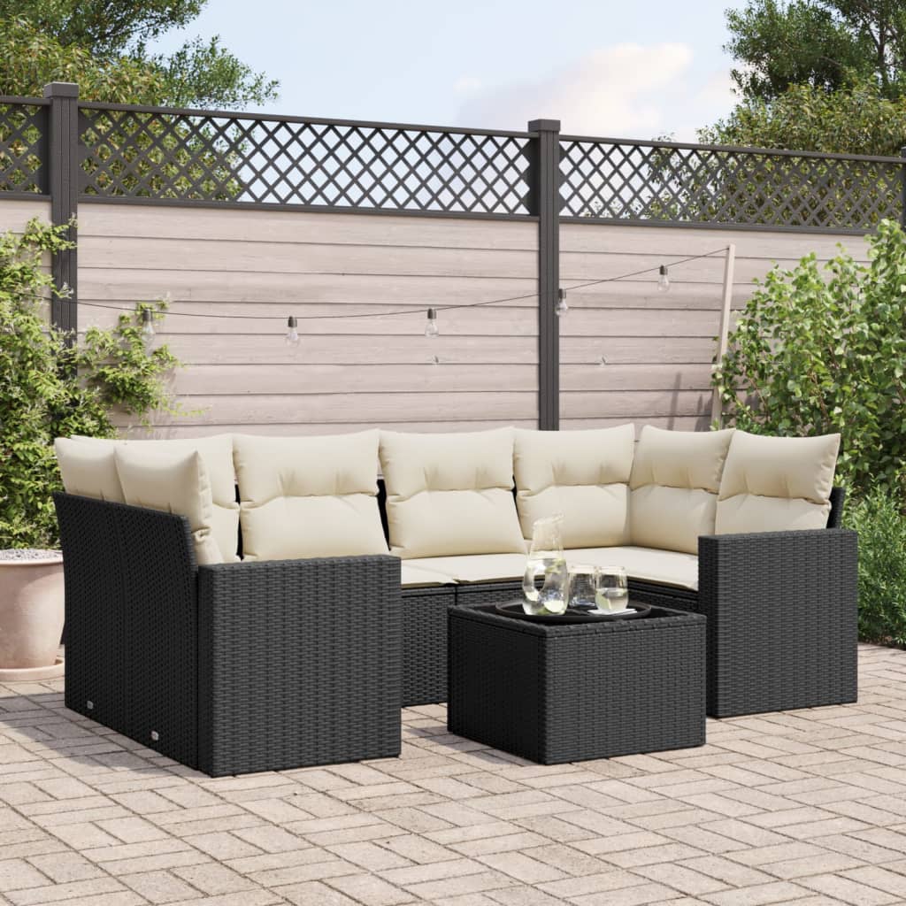7-tlg. Garten-Sofagarnitur mit Kissen Schwarz Poly Rattan 7-tlg. Garten-Sofagarnitur mit Kissen Schwarz Poly Rattan