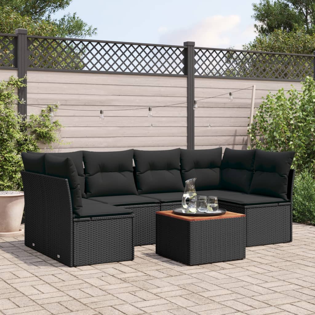 7-tlg. Garten-Sofagarnitur mit Kissen Schwarz Poly Rattan 7-tlg. Garten-Sofagarnitur mit Kissen Schwarz Poly Rattan