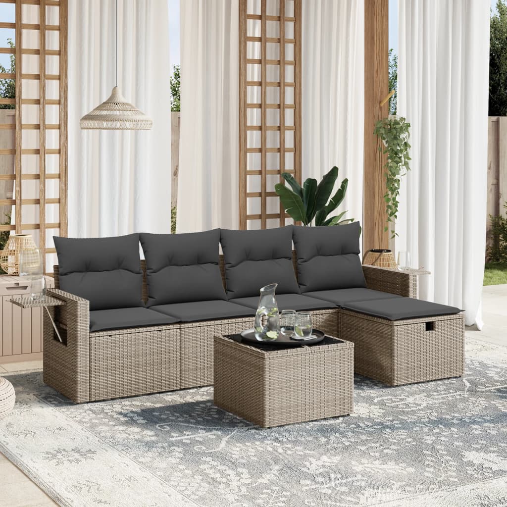 6-tlg. Garten-Sofagarnitur mit Kissen Grau Poly Rattan 6-tlg. Garten-Sofagarnitur mit Kissen Grau Poly Rattan