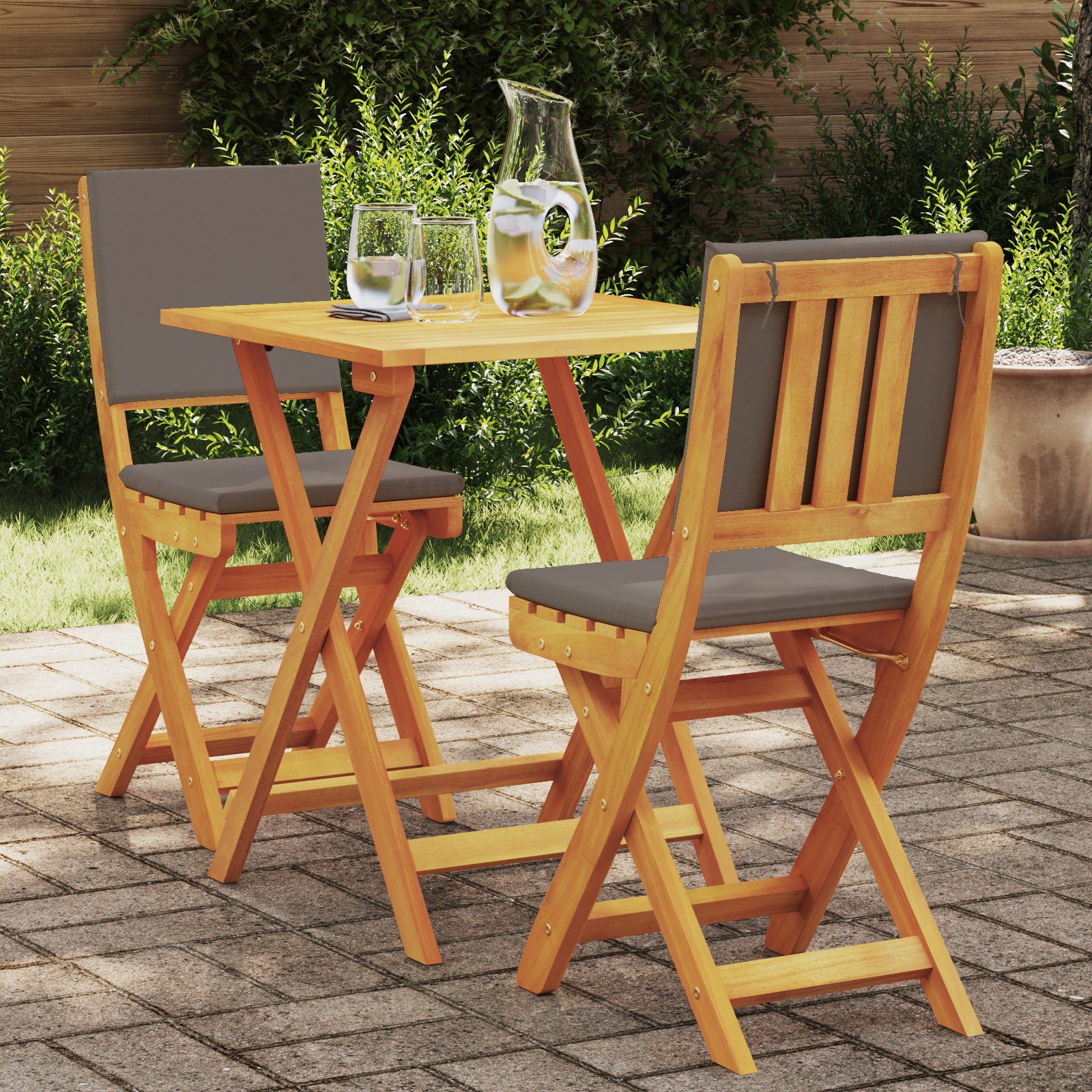 3-teiliges Faltbares Bistro-Set mit Kissen, Massivholz Akazie 3-teiliges Faltbares Bistro-Set mit Kissen, Massivholz Akazie