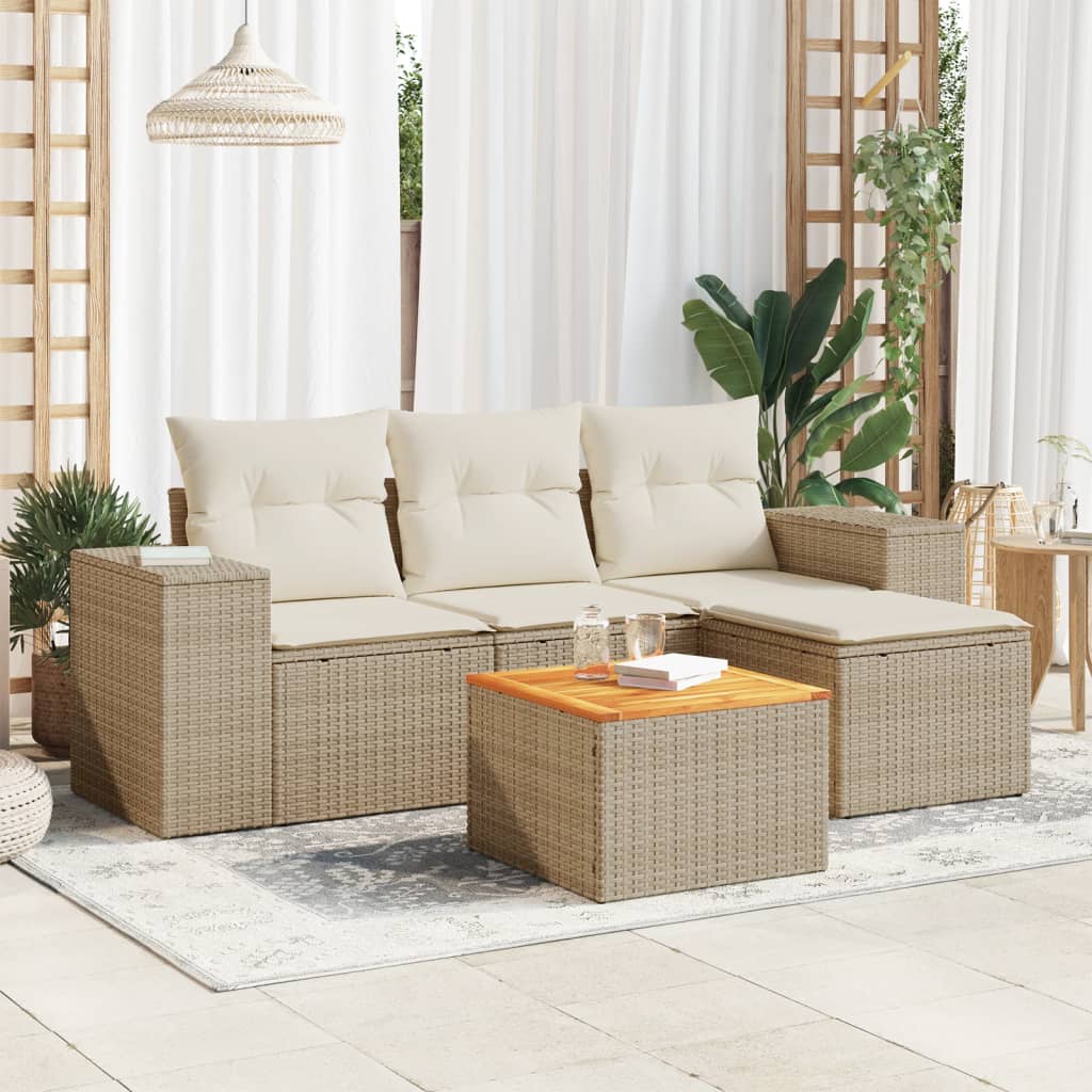 5-tlg. Garten-Sofagarnitur mit Kissen Beige Poly Rattan 5-tlg. Garten-Sofagarnitur mit Kissen Beige Poly Rattan