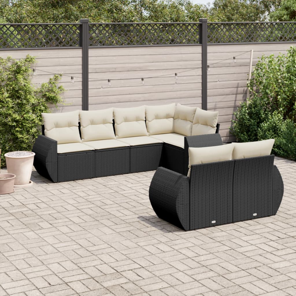 7-tlg. Garten-Sofagarnitur mit Kissen Schwarz Poly Rattan 7-tlg. Garten-Sofagarnitur mit Kissen Schwarz Poly Rattan