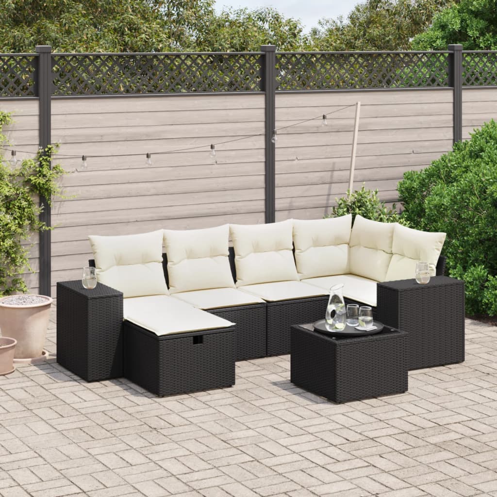7-tlg. Garten-Sofagarnitur mit Kissen Schwarz Poly Rattan 7-tlg. Garten-Sofagarnitur mit Kissen Schwarz Poly Rattan