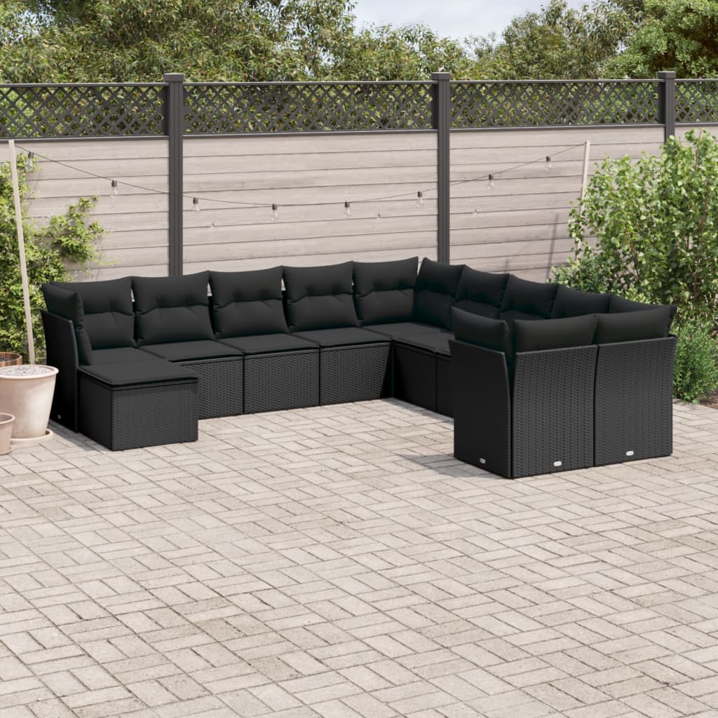 11-tlg. Garten-Sofagarnitur mit Kissen Schwarz Poly Rattan 11-tlg. Garten-Sofagarnitur mit Kissen Schwarz Poly Rattan