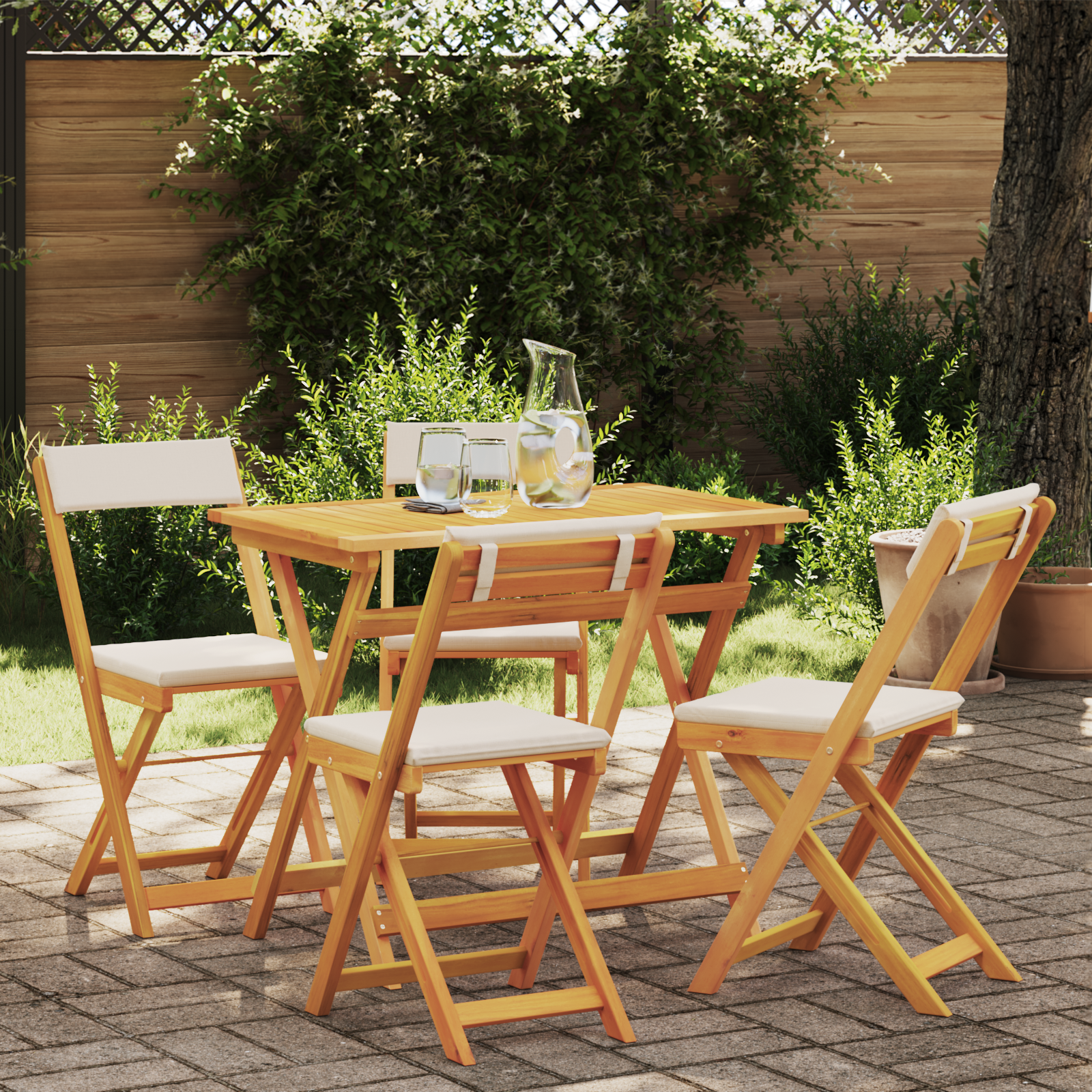 5-teiliges Faltbares Bistro Set mit Kissen aus Massivholz Akazie 5-teiliges Faltbares Bistro Set mit Kissen aus Massivholz Akazie