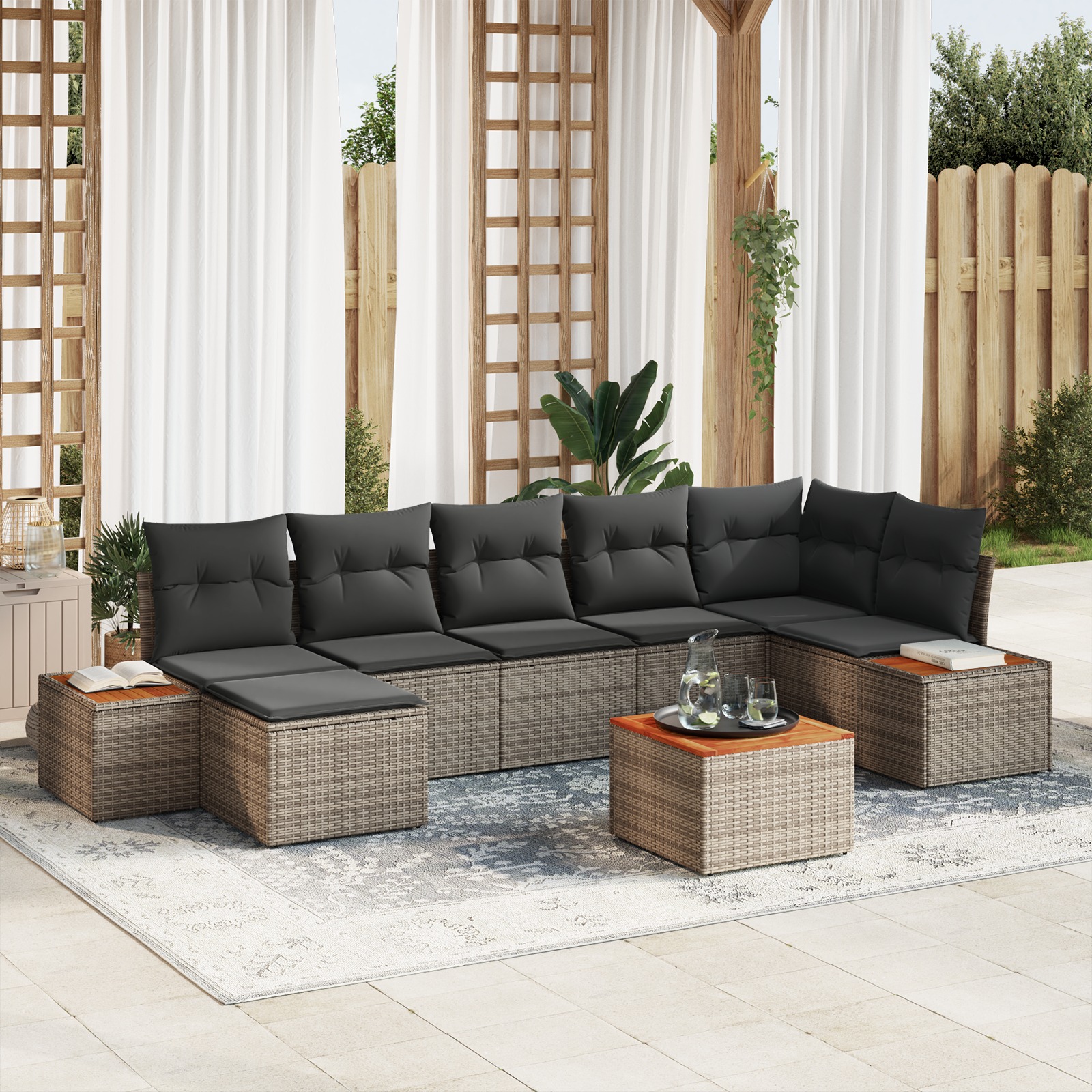 8-teiliges Garten-Sofa-Set mit Kissen Grau Poly-Rattan Akazie 8-teiliges Garten-Sofa-Set mit Kissen Grau Poly-Rattan Akazie