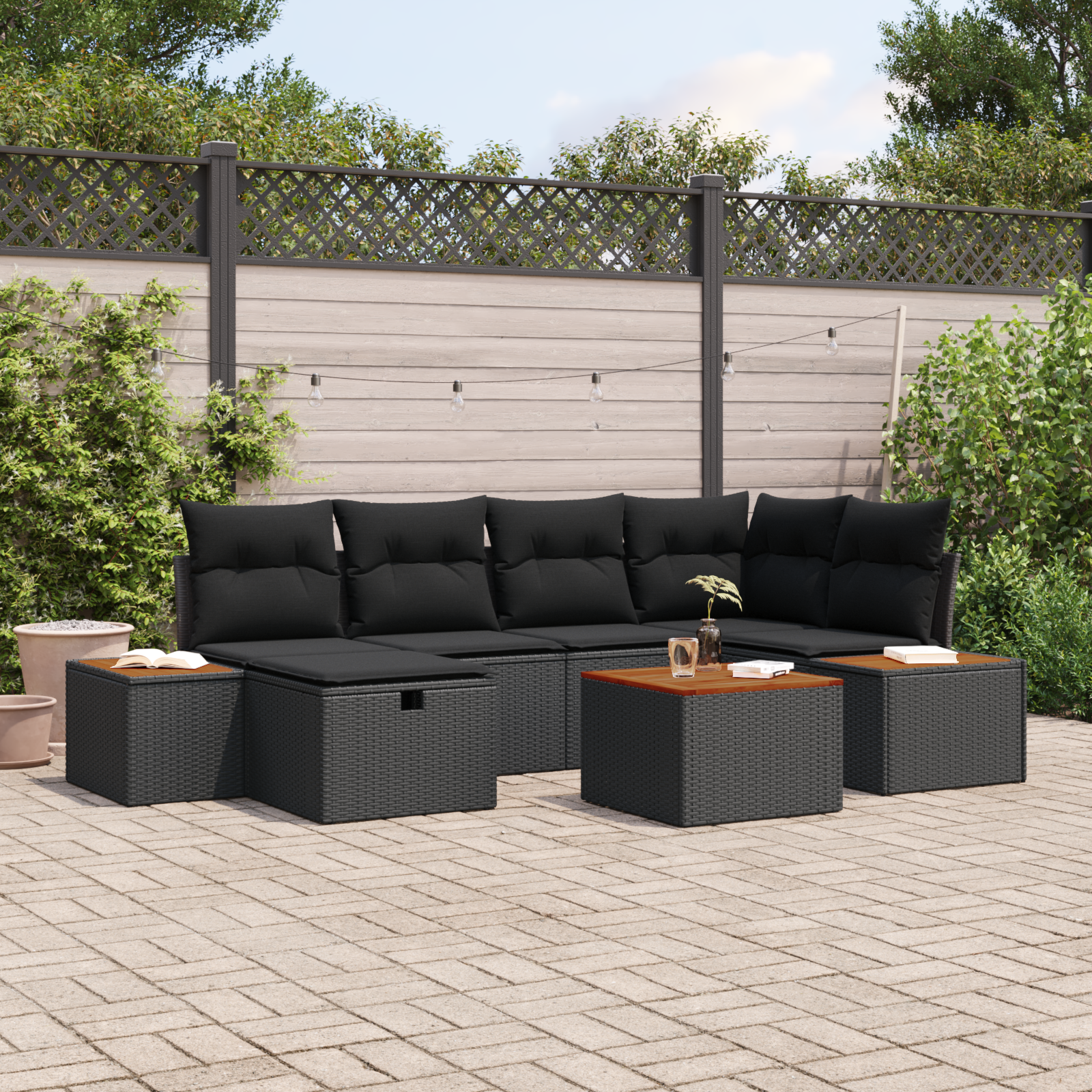 7-teiliges Garten Sofa Set mit Kissen Schwarz Poly Rattan 7-teiliges Garten Sofa Set mit Kissen Schwarz Poly Rattan