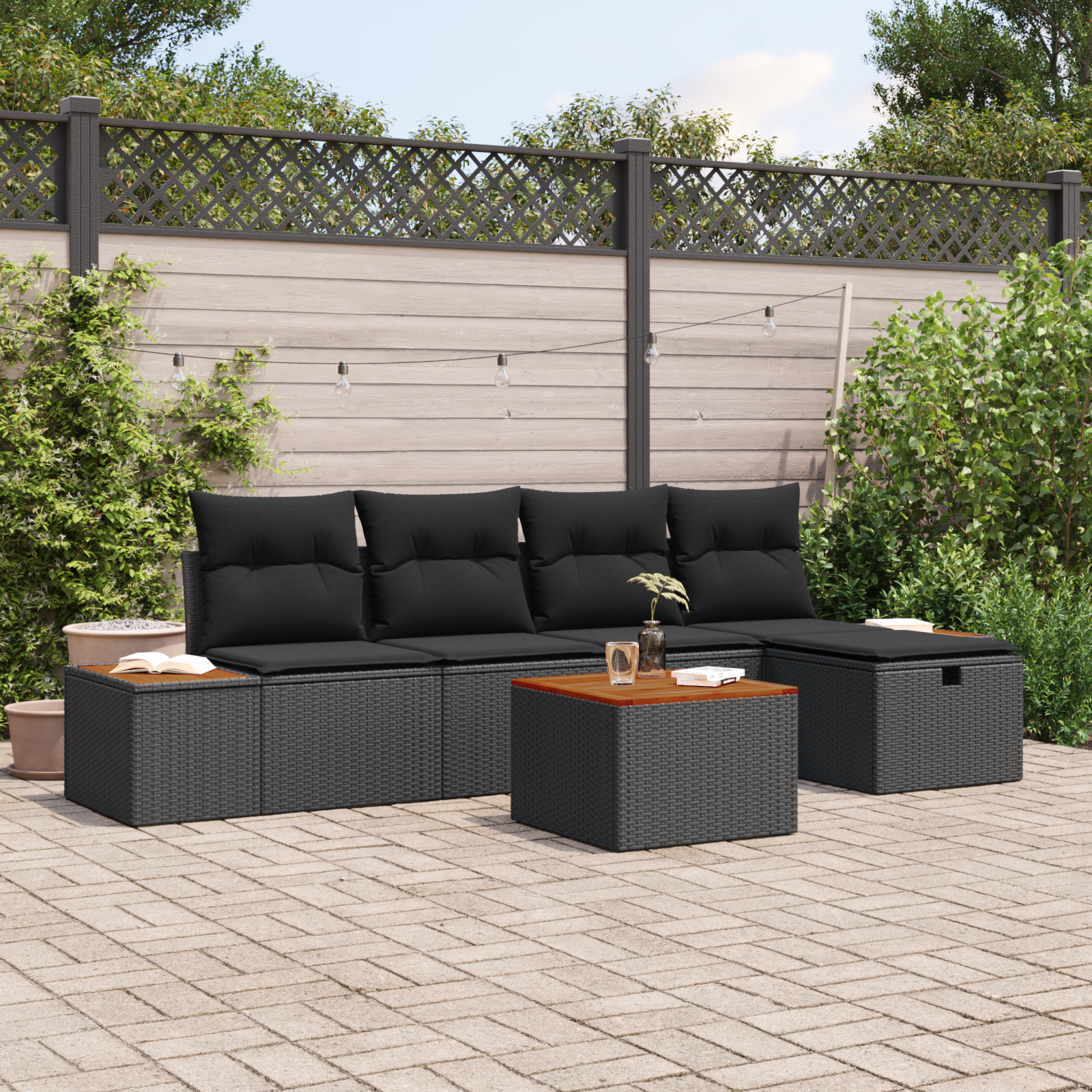 6-teiliges Garten Sofa Set mit Kissen Schwarz Poly Rattan 6-teiliges Garten Sofa Set mit Kissen Schwarz Poly Rattan