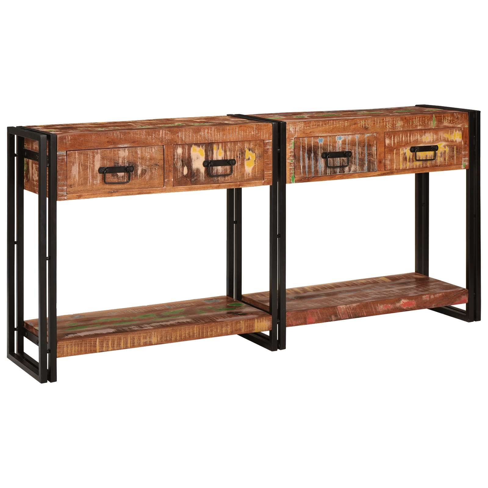 Konsolentische Set von 2 mit Schubladen, Buntes Massivholz Reclaimed Konsolentische Set von 2 mit Schubladen, Buntes Massivholz Reclaimed