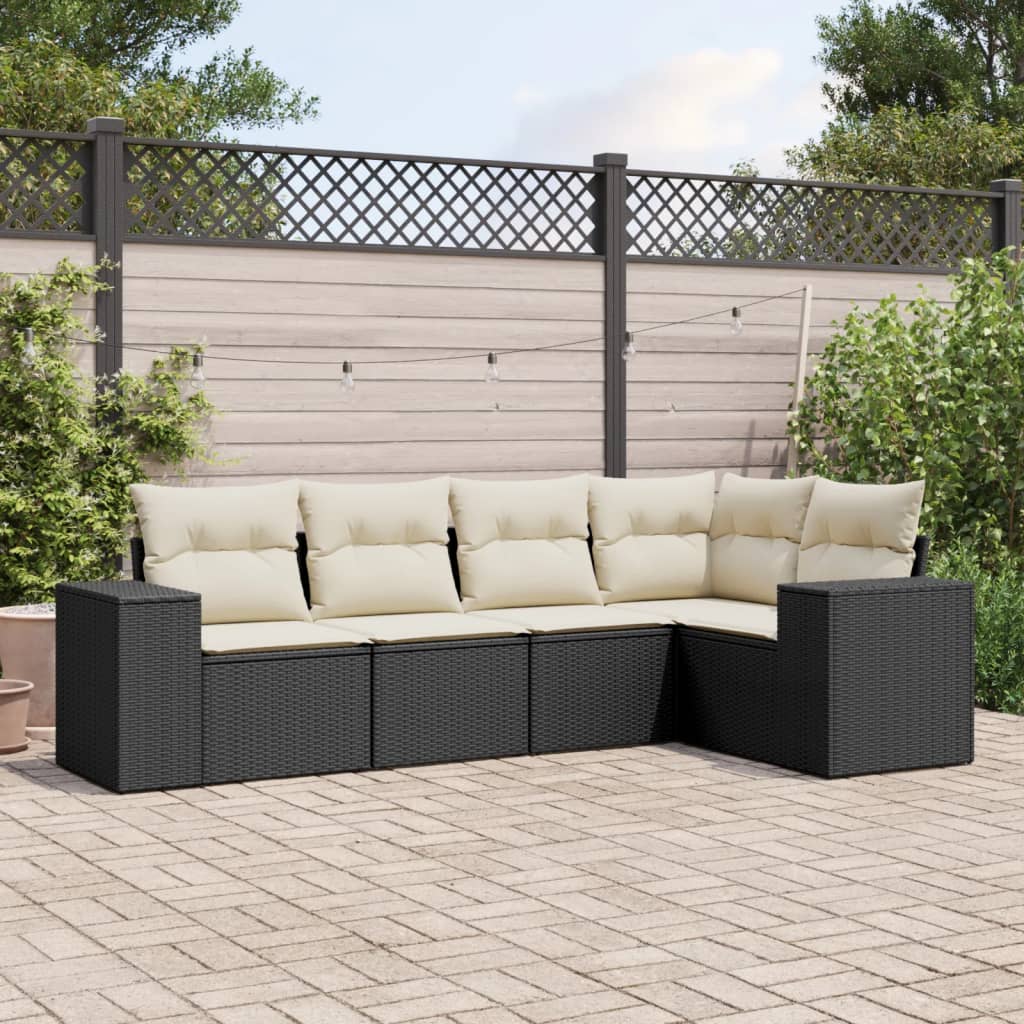 5-tlg. Garten-Sofagarnitur mit Kissen Schwarz Poly Rattan 5-tlg. Garten-Sofagarnitur mit Kissen Schwarz Poly Rattan