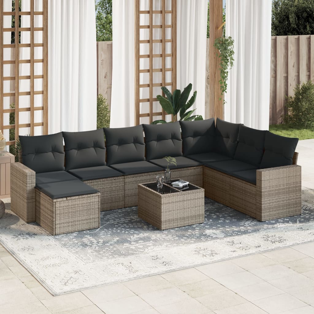 9-tlg. Garten-Sofagarnitur mit Kissen Grau Poly Rattan 9-tlg. Garten-Sofagarnitur mit Kissen Grau Poly Rattan