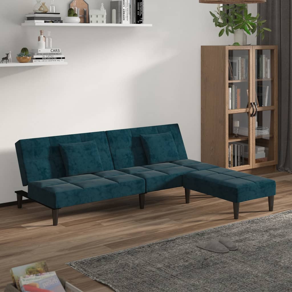 Schlafsofa 2-Sitzer mit 2 Kissen & Hocker Blau Samt Schlafsofa 2-Sitzer mit 2 Kissen & Hocker Blau Samt