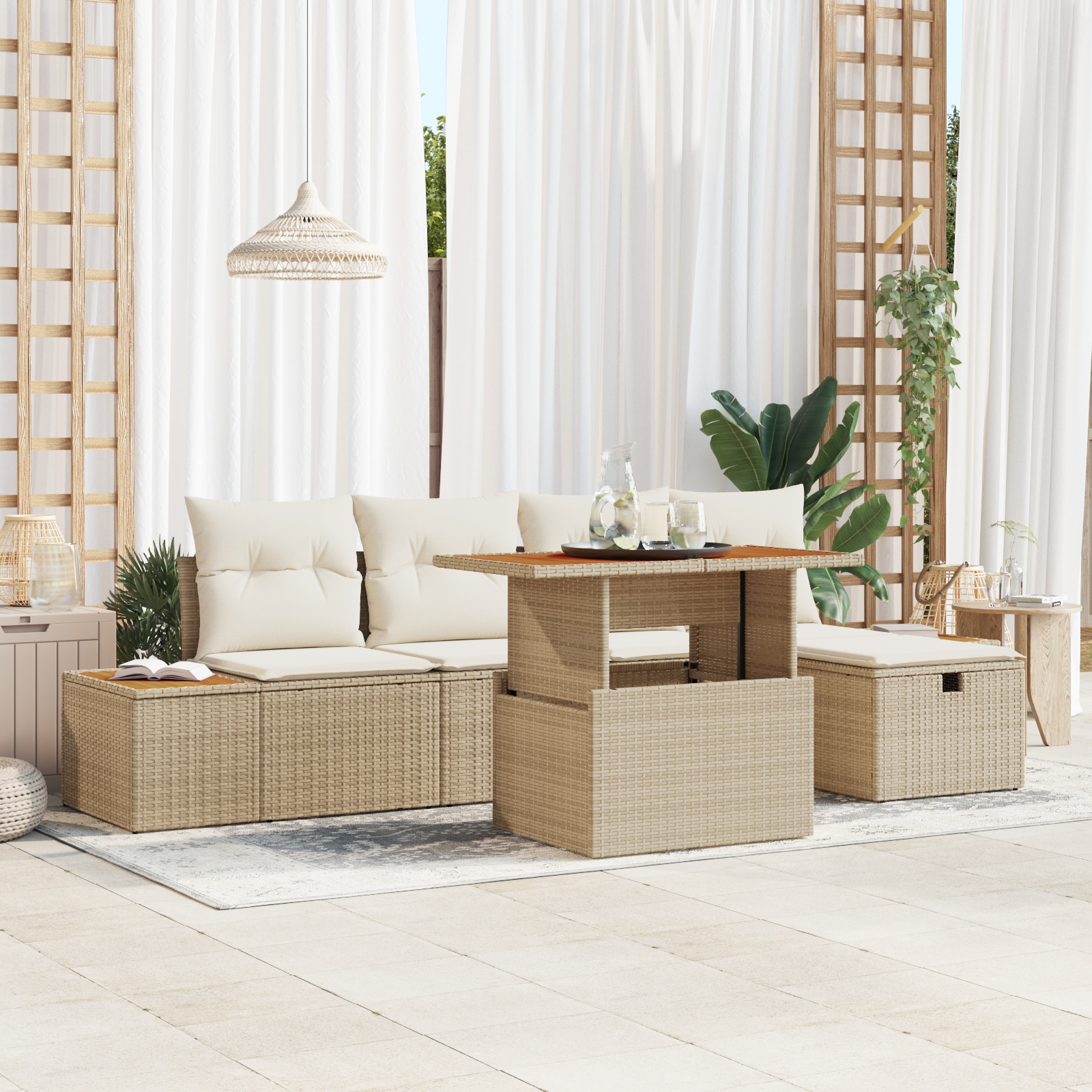 6-teiliges Garten Sofa Set mit Kissen Beige Poly Rattan Akazie 6-teiliges Garten Sofa Set mit Kissen Beige Poly Rattan Akazie