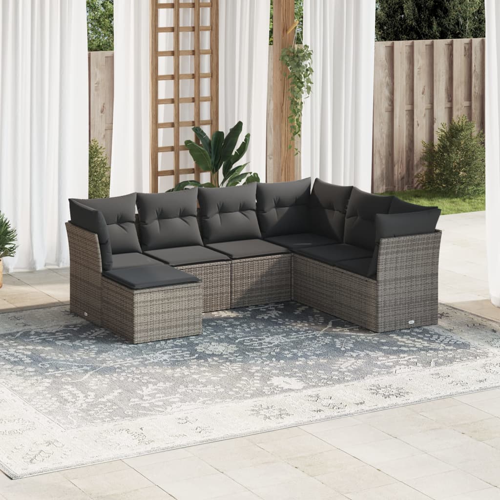 7-tlg. Garten-Sofagarnitur mit Kissen Grau Poly Rattan 7-tlg. Garten-Sofagarnitur mit Kissen Grau Poly Rattan