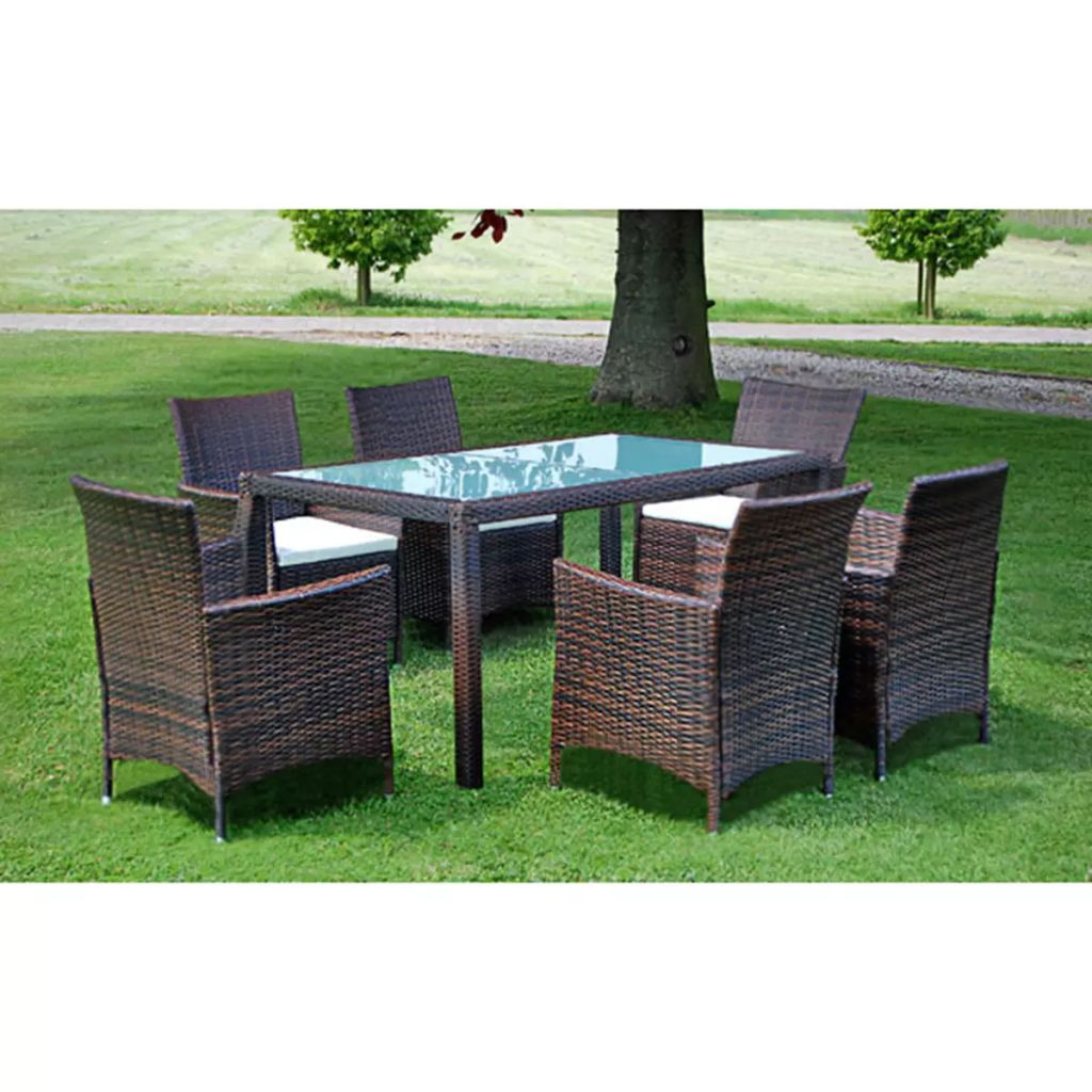 7-tlg. Garten-Essgruppe mit Auflagen Poly Rattan Braun 7-tlg. Garten-Essgruppe mit Auflagen Poly Rattan Braun