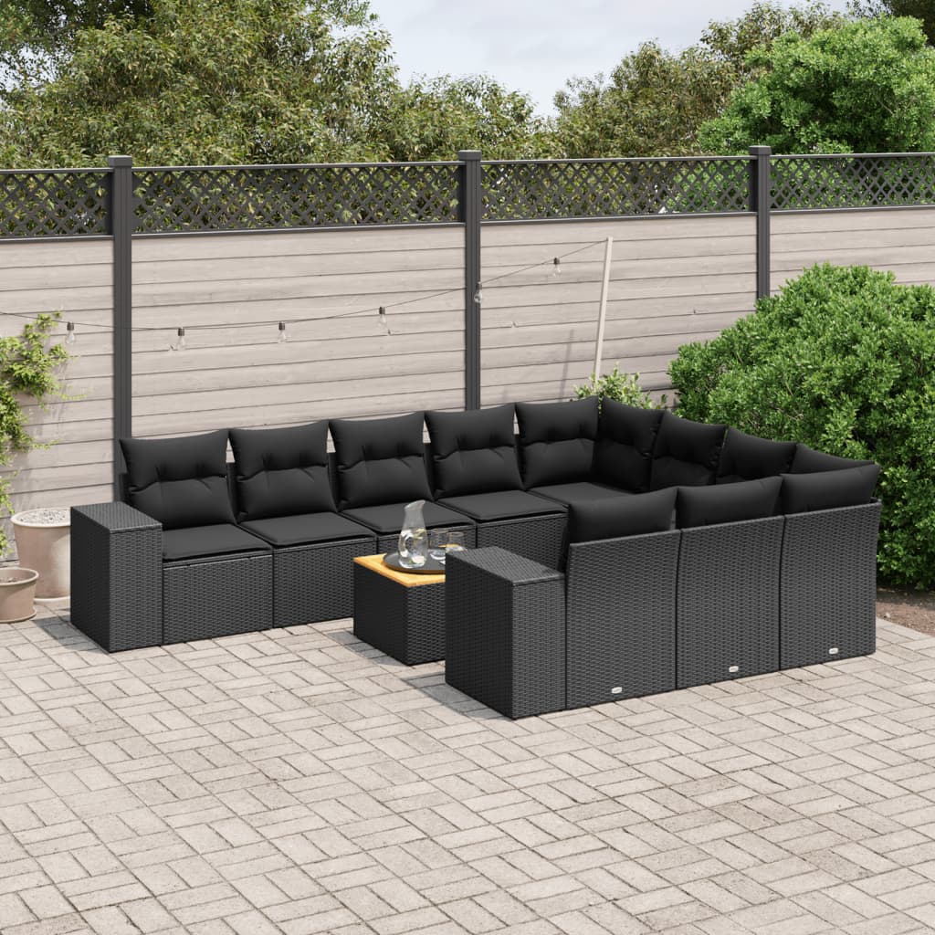 11-tlg. Garten-Sofagarnitur mit Kissen Schwarz Poly Rattan 11-tlg. Garten-Sofagarnitur mit Kissen Schwarz Poly Rattan