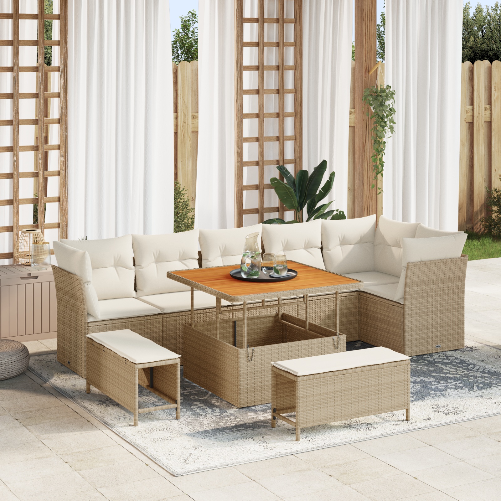 9-teiliges Gartensofa Set mit Kissen beige Poly Rattan Akazie 9-teiliges Gartensofa Set mit Kissen beige Poly Rattan Akazie