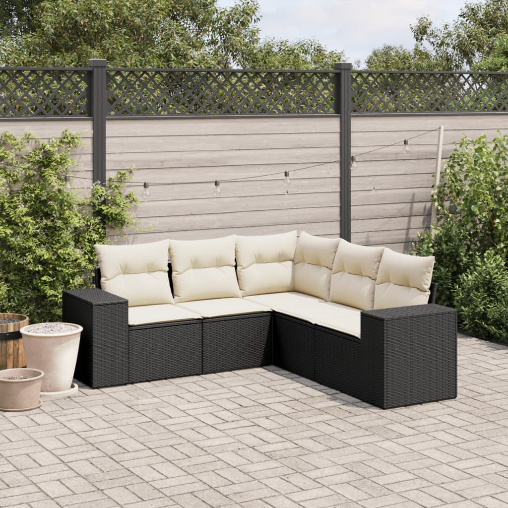 5-tlg. Garten-Sofagarnitur mit Kissen Schwarz Poly Rattan 5-tlg. Garten-Sofagarnitur mit Kissen Schwarz Poly Rattan