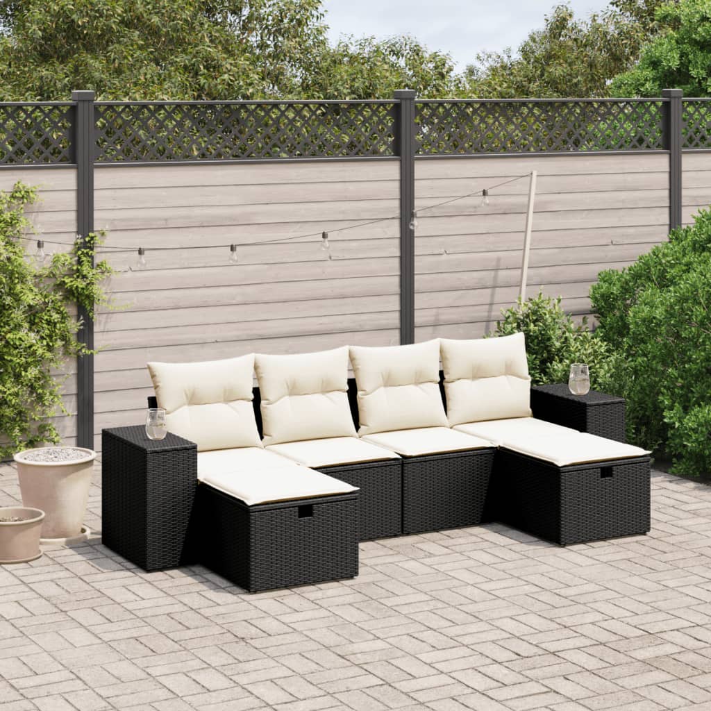 6-tlg. Garten-Sofagarnitur mit Kissen Schwarz Poly Rattan 6-tlg. Garten-Sofagarnitur mit Kissen Schwarz Poly Rattan