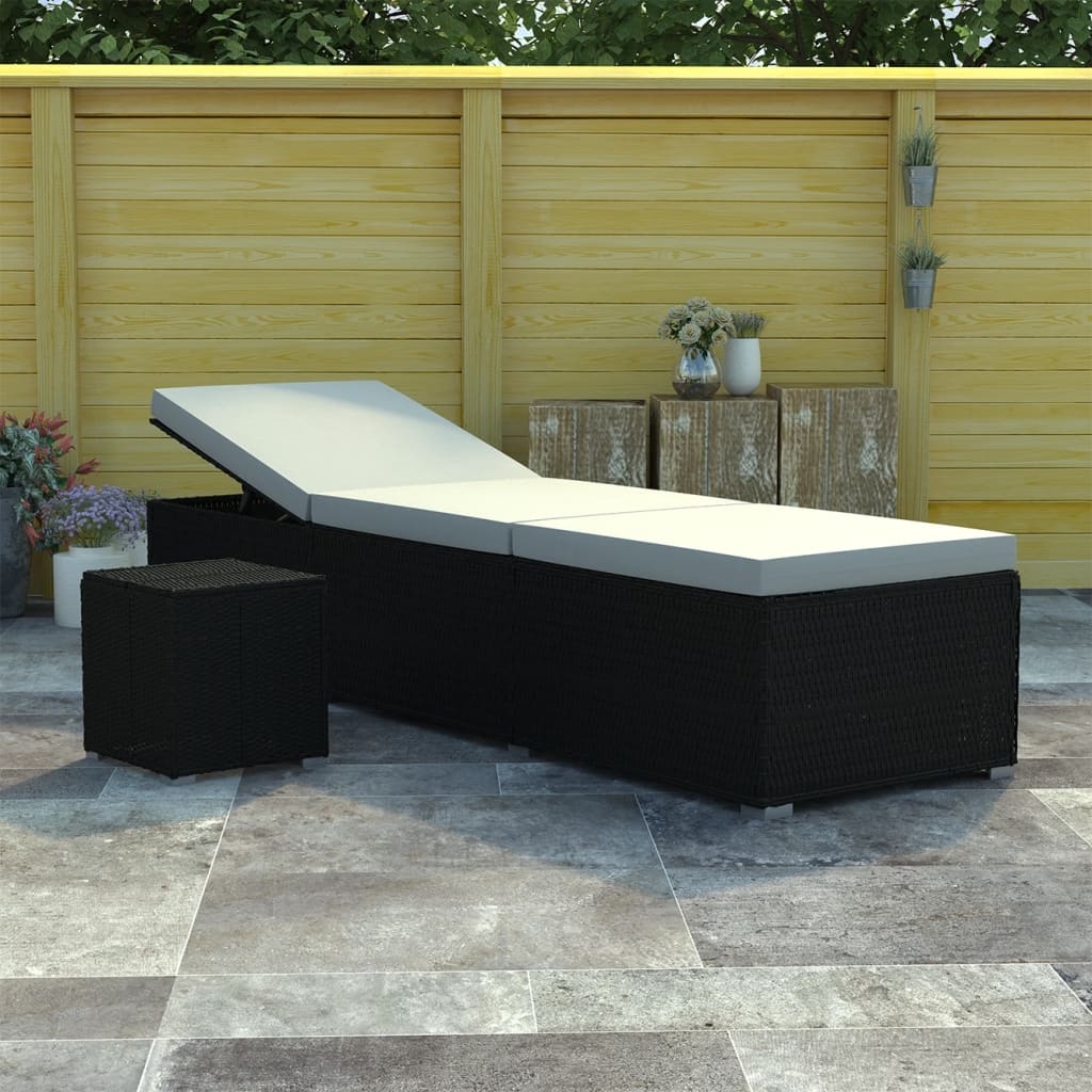 Sonnenliege mit Auflage und Teetisch Poly Rattan Schwarz Sonnenliege mit Auflage und Teetisch Poly Rattan Schwarz