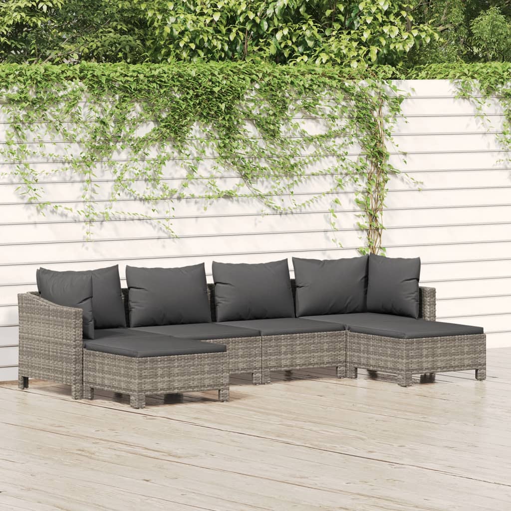 6-tlg. Garten-Lounge-Set mit Kissen Grau Poly Rattan