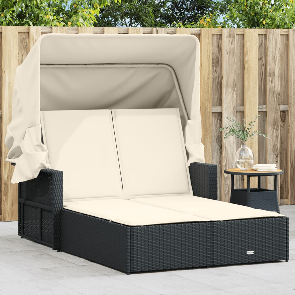 Doppel-Sonnenliege mit Dach und Auflagen Schwarz Poly Rattan Doppel-Sonnenliege mit Dach und Auflagen Schwarz Poly Rattan