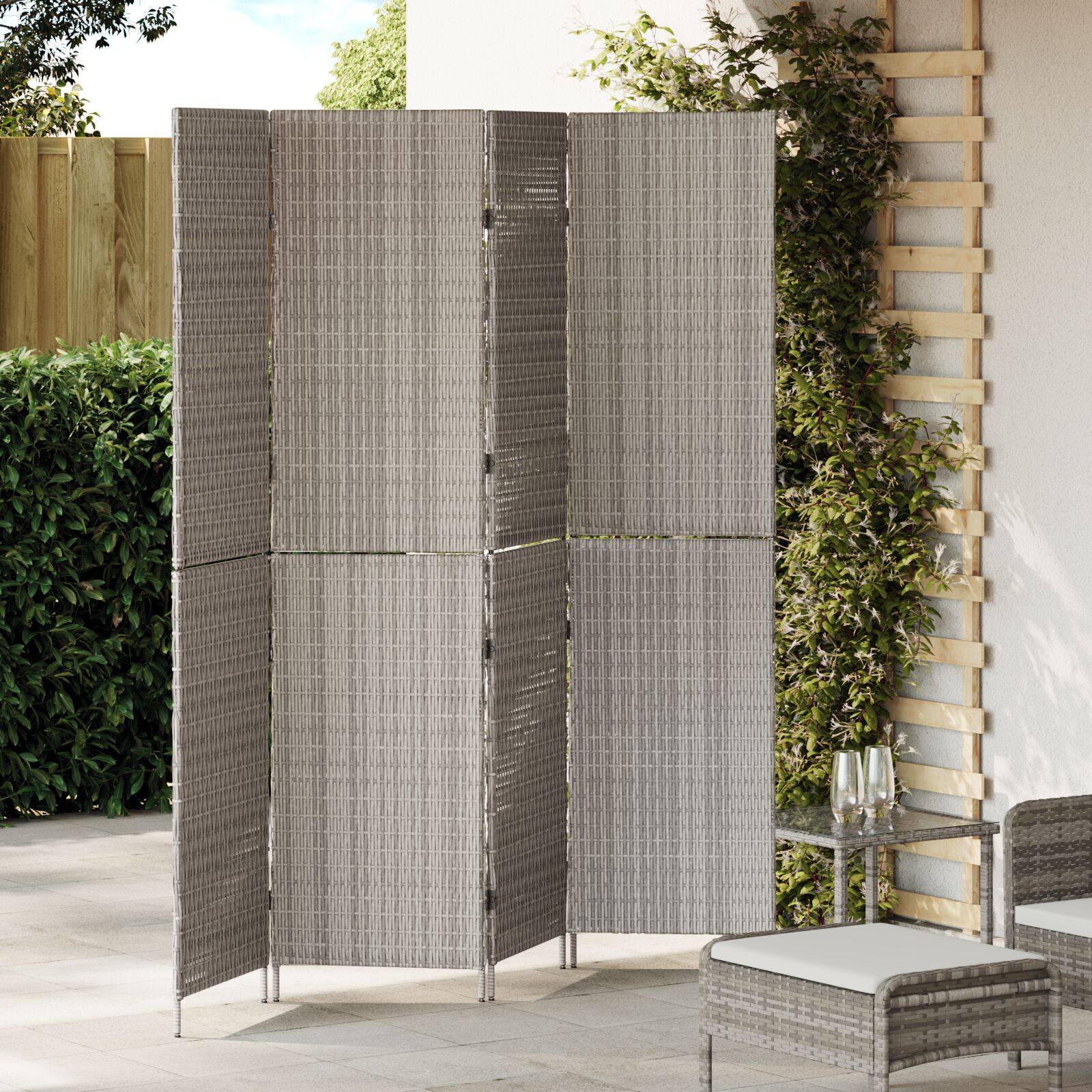 Raumteiler 4 Paneele faltbar Grau 195x180 cm Poly Rattan Raumteiler 4 Paneele faltbar Grau 195x180 cm Poly Rattan