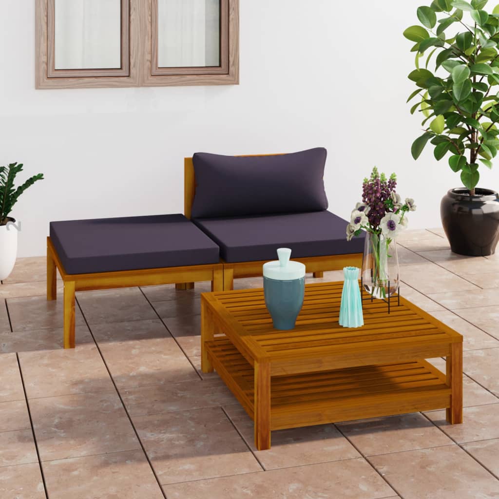 3-tlg. Garten-Lounge-Set mit Dunkelgrauen Kissen Akazienholz 3-tlg. Garten-Lounge-Set mit Dunkelgrauen Kissen Akazienholz