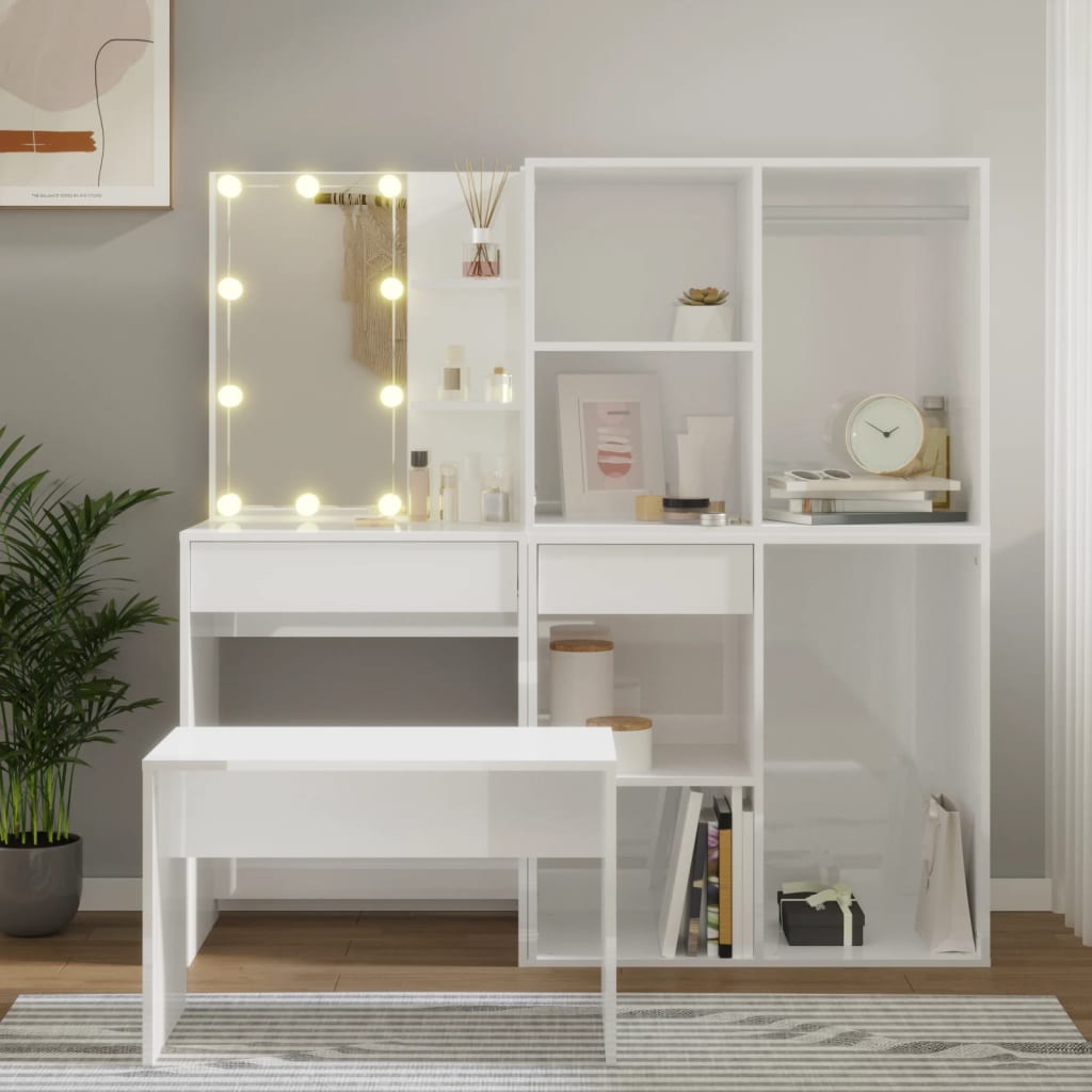 Schminktisch-Set mit LED Hochglanz-Weiß Holzwerkstoff Schminktisch-Set mit LED Hochglanz-Weiß Holzwerkstoff