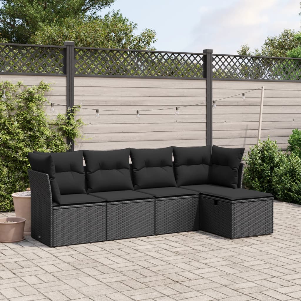 5-tlg. Garten-Sofagarnitur mit Kissen Schwarz Poly Rattan 5-tlg. Garten-Sofagarnitur mit Kissen Schwarz Poly Rattan