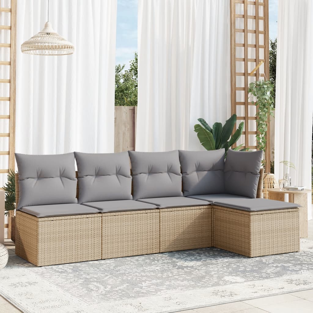 5-tlg. Garten-Sofagarnitur mit Kissen Beige Poly Rattan 5-tlg. Garten-Sofagarnitur mit Kissen Beige Poly Rattan