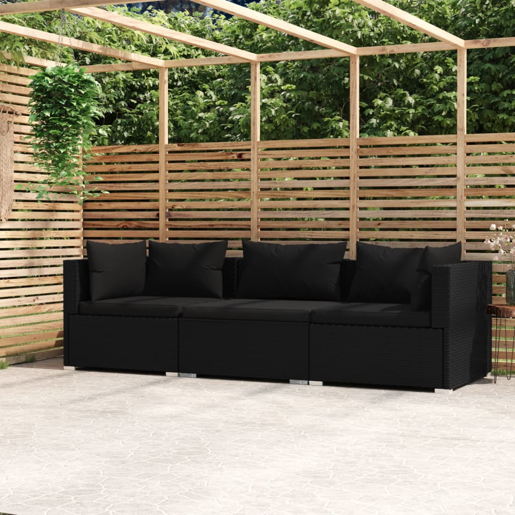 3-Sitzer-Sofa mit Kissen Schwarz Poly Rattan 3-Sitzer-Sofa mit Kissen Schwarz Poly Rattan