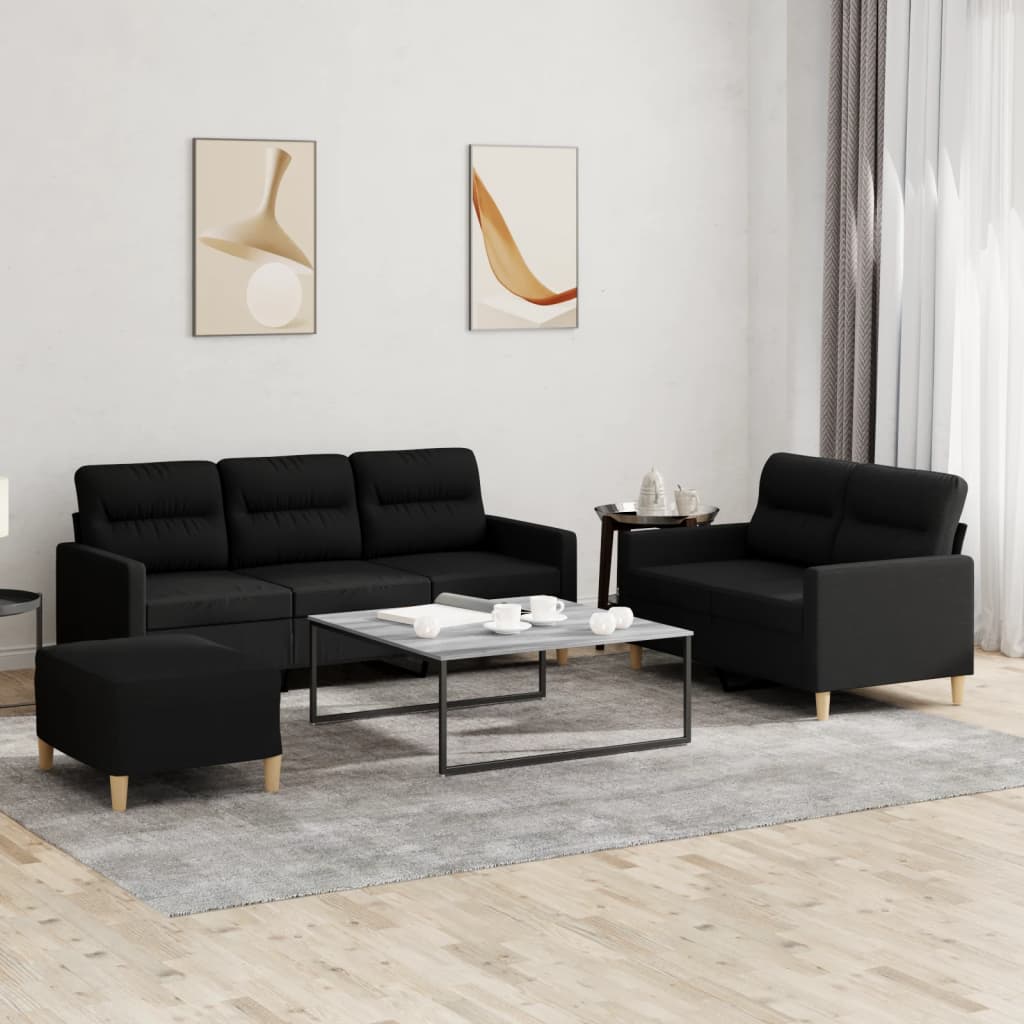3-tlg. Sofagarnitur mit Kissen Schwarz Stoff 3-tlg. Sofagarnitur mit Kissen Schwarz Stoff