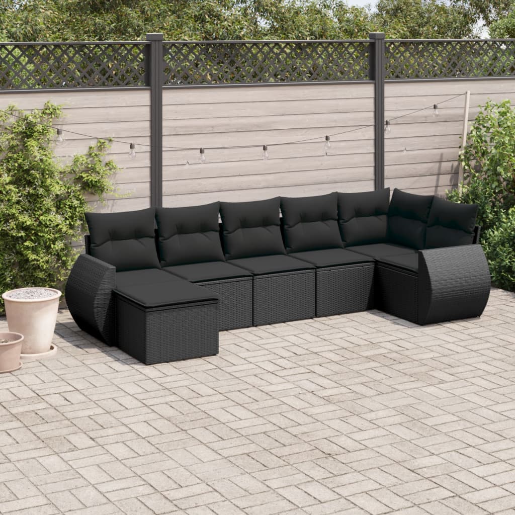 7-tlg. Garten-Sofagarnitur mit Kissen Schwarz Poly Rattan 7-tlg. Garten-Sofagarnitur mit Kissen Schwarz Poly Rattan