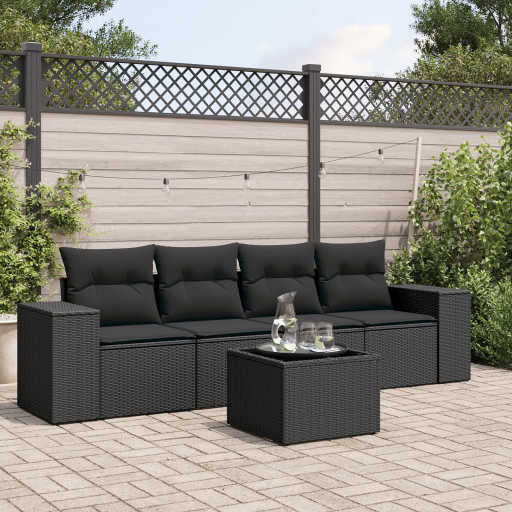 5-tlg. Garten-Sofagarnitur mit Kissen Schwarz Poly Rattan 5-tlg. Garten-Sofagarnitur mit Kissen Schwarz Poly Rattan