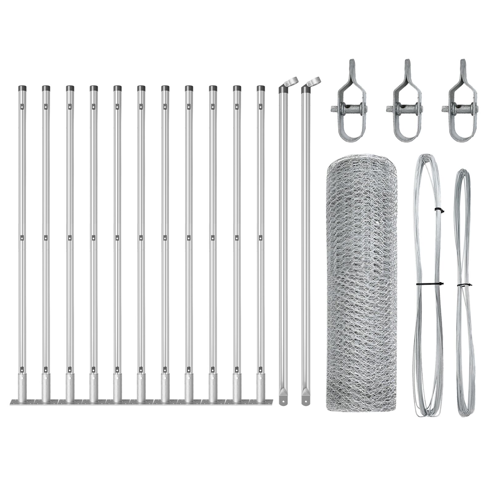 Sechseckszaun 0.4x25 m feuerverzinkter Stahl, Zaunpfosten mit Fußplatten 13 Stück Ø32mm 50cm feuerverzinkter Stahl