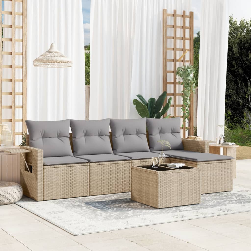 6-tlg. Garten-Sofagarnitur mit Kissen Beige Poly Rattan 6-tlg. Garten-Sofagarnitur mit Kissen Beige Poly Rattan