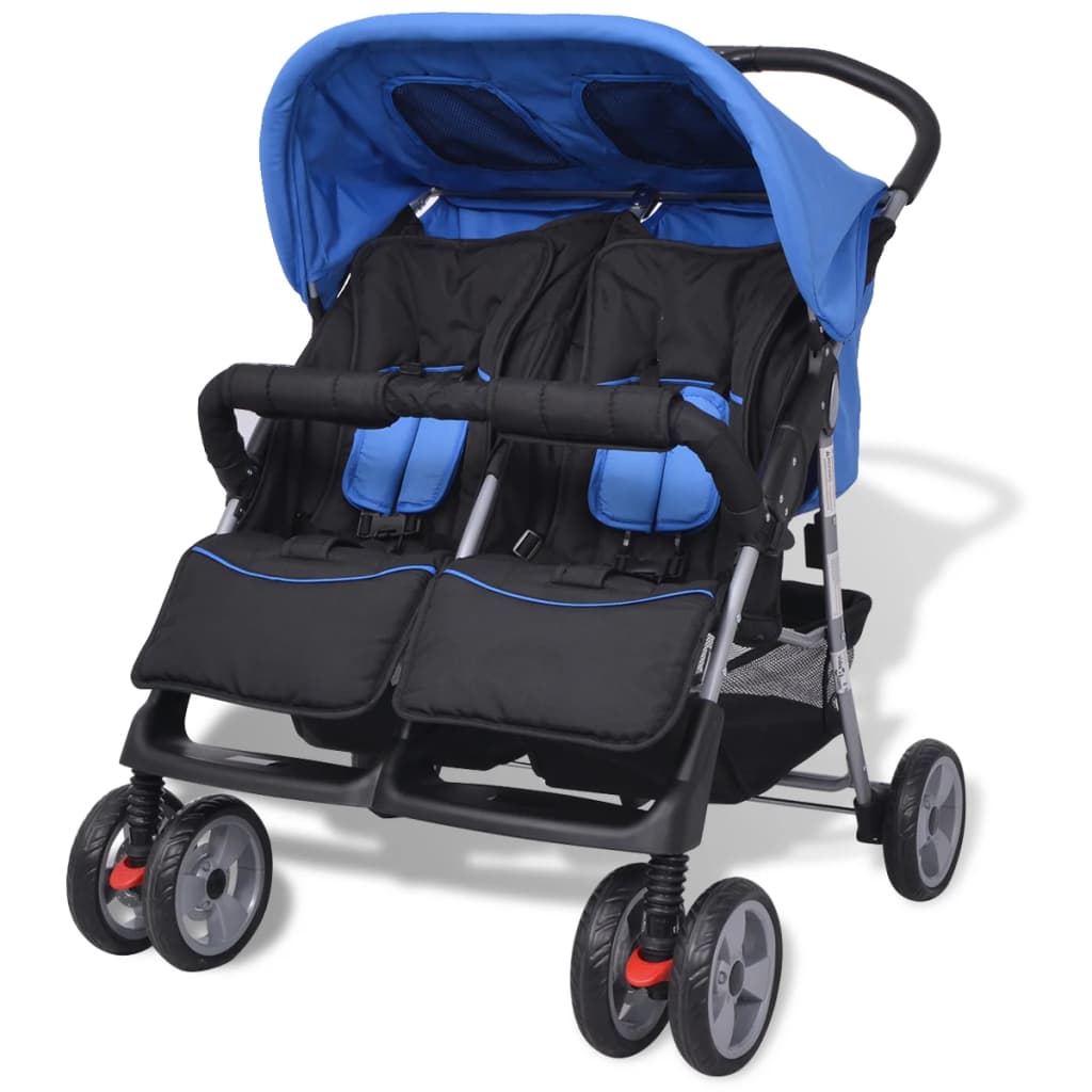 Zwillingskinderwagen Stahl Blau und Schwarz Zwillingskinderwagen Stahl Blau und Schwarz