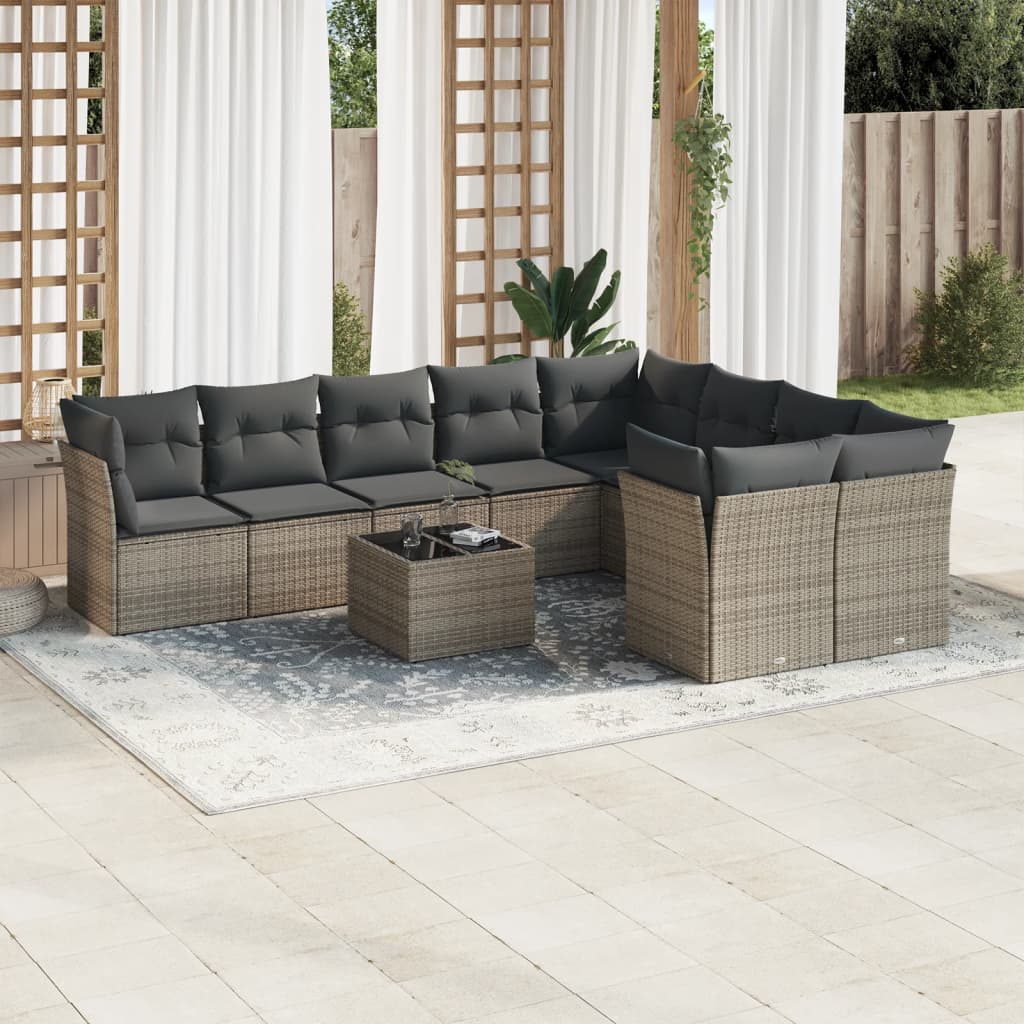 10-tlg. Garten-Sofagarnitur mit Kissen Grau Poly Rattan 10-tlg. Garten-Sofagarnitur mit Kissen Grau Poly Rattan