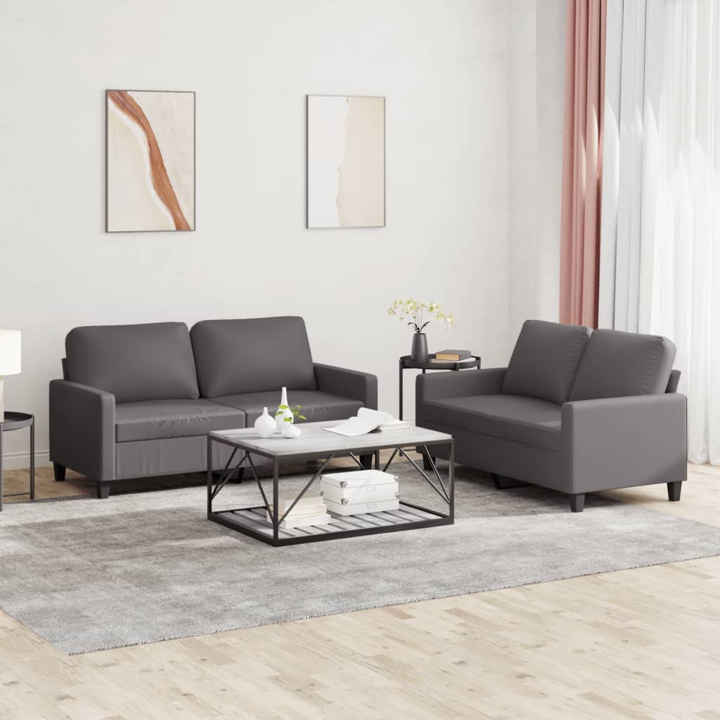 2-tlg. Sofagarnitur mit Kissen Grau Kunstleder 2-tlg. Sofagarnitur mit Kissen Grau Kunstleder