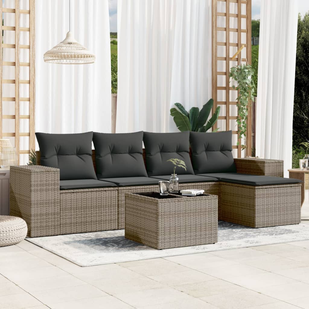 6-tlg. Garten-Sofagarnitur mit Kissen Grau Poly Rattan 6-tlg. Garten-Sofagarnitur mit Kissen Grau Poly Rattan