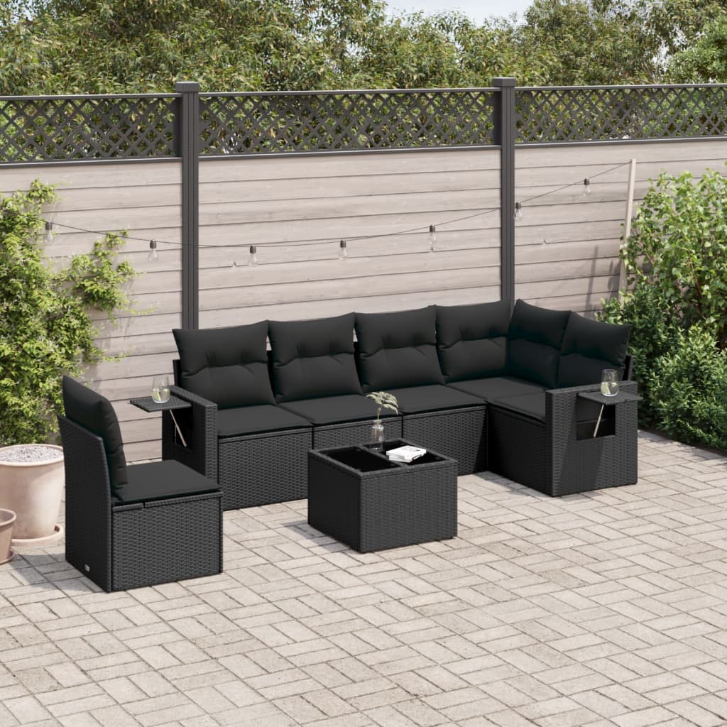 7-tlg. Garten-Sofagarnitur mit Kissen Schwarz Poly Rattan 7-tlg. Garten-Sofagarnitur mit Kissen Schwarz Poly Rattan