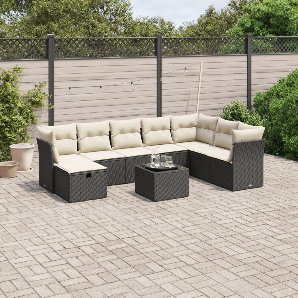 9-tlg. Garten-Sofagarnitur mit Kissen Schwarz Poly Rattan 9-tlg. Garten-Sofagarnitur mit Kissen Schwarz Poly Rattan