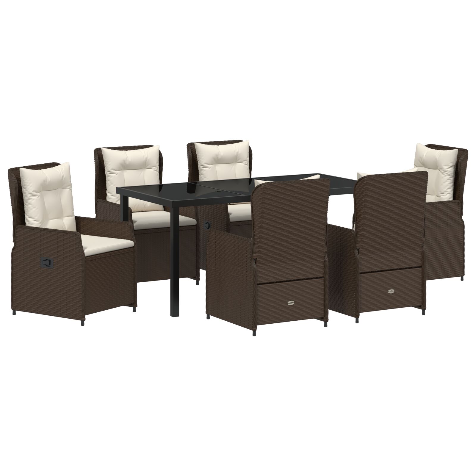 7-teiliges Garten Essset Braun Poly Rattan, Gartentisch Schwarz 160x80x73 cm Sicherheitsglas