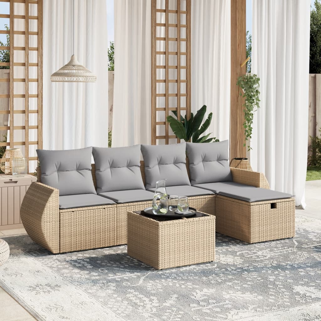 6-tlg. Garten-Sofagarnitur mit Kissen Beige Poly Rattan 6-tlg. Garten-Sofagarnitur mit Kissen Beige Poly Rattan